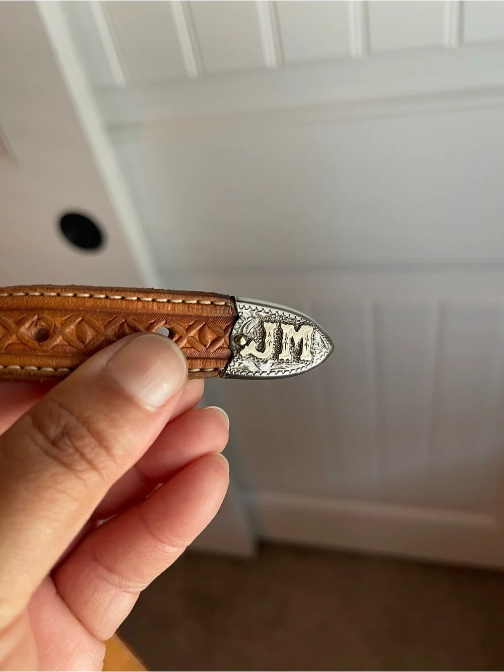Vintage Brown Leather Belt with Sterling Silver & 10k gold monogrammed tip